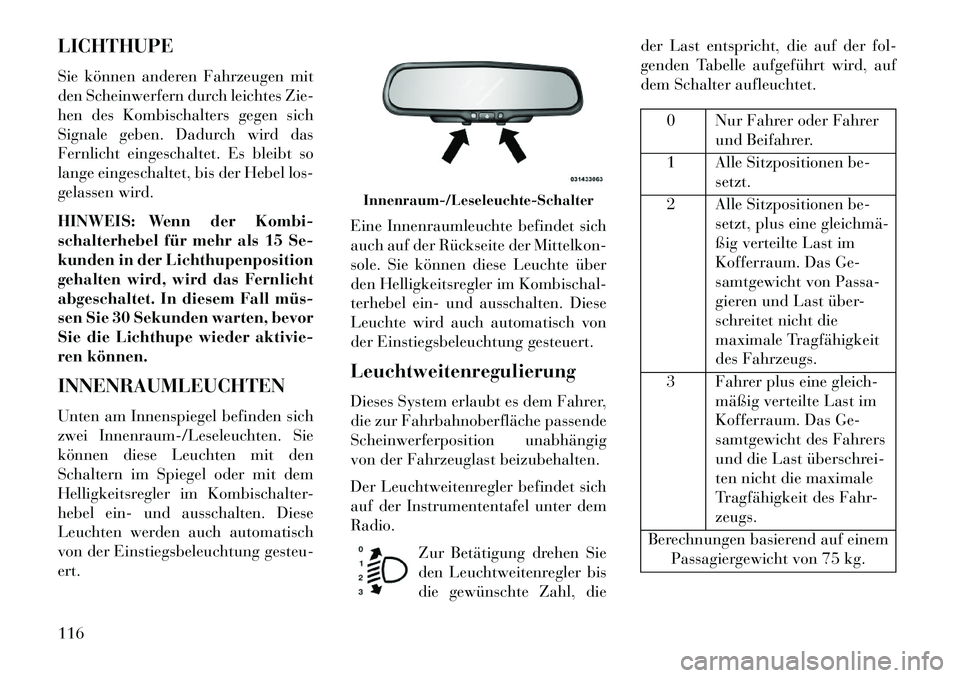 Lancia Flavia 2013 Betriebsanleitung (in German) LICHTHUPE
Sie können anderen Fahrzeugen mit
den Scheinwerfern durch leichtes Zie-
hen des Kombischalters gegen sich
Signale geben. Dadurch wird das
Fernlicht eingeschaltet. Es bleibt so
lange eingesc Lancia Flavia 2013 Betriebsanleitung (in German) LICHTHUPE
Sie können anderen Fahrzeugen mit
den Scheinwerfern durch leichtes Zie-
hen des Kombischalters gegen sich
Signale geben. Dadurch wird das
Fernlicht eingeschaltet. Es bleibt so
lange eingesc
