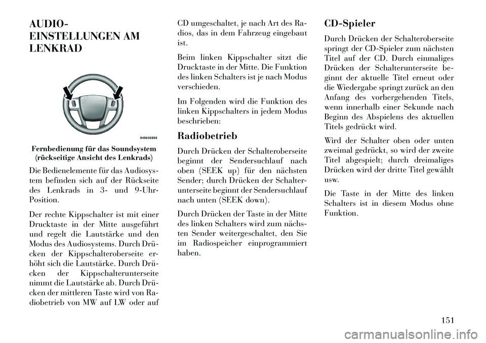Lancia Flavia 2013 Betriebsanleitung (in German) AUDIO-
EINSTELLUNGEN AM
LENKRAD
Die Bedienelemente für das Audiosys-
tem befinden sich auf der Rückseite
des Lenkrads in 3- und 9-Uhr-
Position.
Der rechte Kippschalter ist mit einer
Drucktaste in d Lancia Flavia 2013 Betriebsanleitung (in German) AUDIO-
EINSTELLUNGEN AM
LENKRAD
Die Bedienelemente für das Audiosys-
tem befinden sich auf der Rückseite
des Lenkrads in 3- und 9-Uhr-
Position.
Der rechte Kippschalter ist mit einer
Drucktaste in d