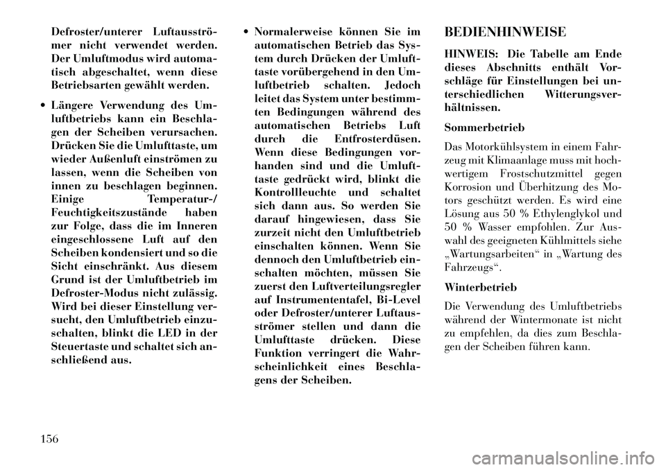 Lancia Flavia 2013 Betriebsanleitung (in German) Defroster/unterer Luftausströ
mer nicht verwendet werden.
Der Umluftmodus wird automa-
tisch abgeschaltet, wenn diese
Betriebsarten gewählt werden.
Längere Verwendung des Um- luftbetriebs kann Lancia Flavia 2013 Betriebsanleitung (in German) Defroster/unterer Luftausströ
mer nicht verwendet werden.
Der Umluftmodus wird automa-
tisch abgeschaltet, wenn diese
Betriebsarten gewählt werden.
Längere Verwendung des Um- luftbetriebs kann