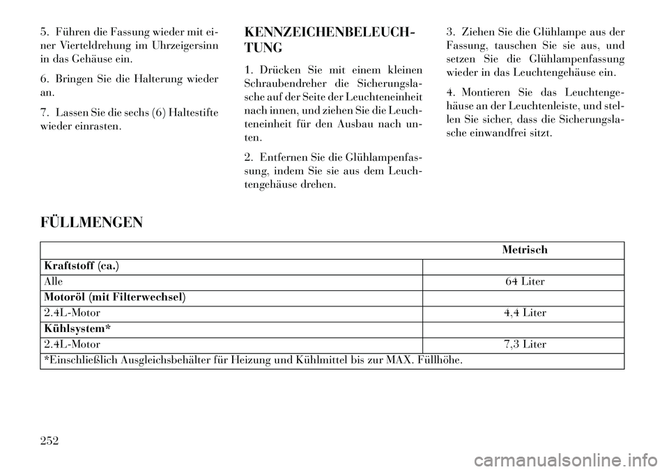 Lancia Flavia 2013 Betriebsanleitung (in German) 5. Führen die Fassung wieder mit ei-
ner Vierteldrehung im Uhrzeigersinn
in das Gehäuse ein.
6. Bringen Sie die Halterung wieder
an.
7. Lassen Sie die sechs (6) Haltestifte
wieder einrasten.KENNZEIC Lancia Flavia 2013 Betriebsanleitung (in German) 5. Führen die Fassung wieder mit ei-
ner Vierteldrehung im Uhrzeigersinn
in das Gehäuse ein.
6. Bringen Sie die Halterung wieder
an.
7. Lassen Sie die sechs (6) Haltestifte
wieder einrasten.KENNZEIC
