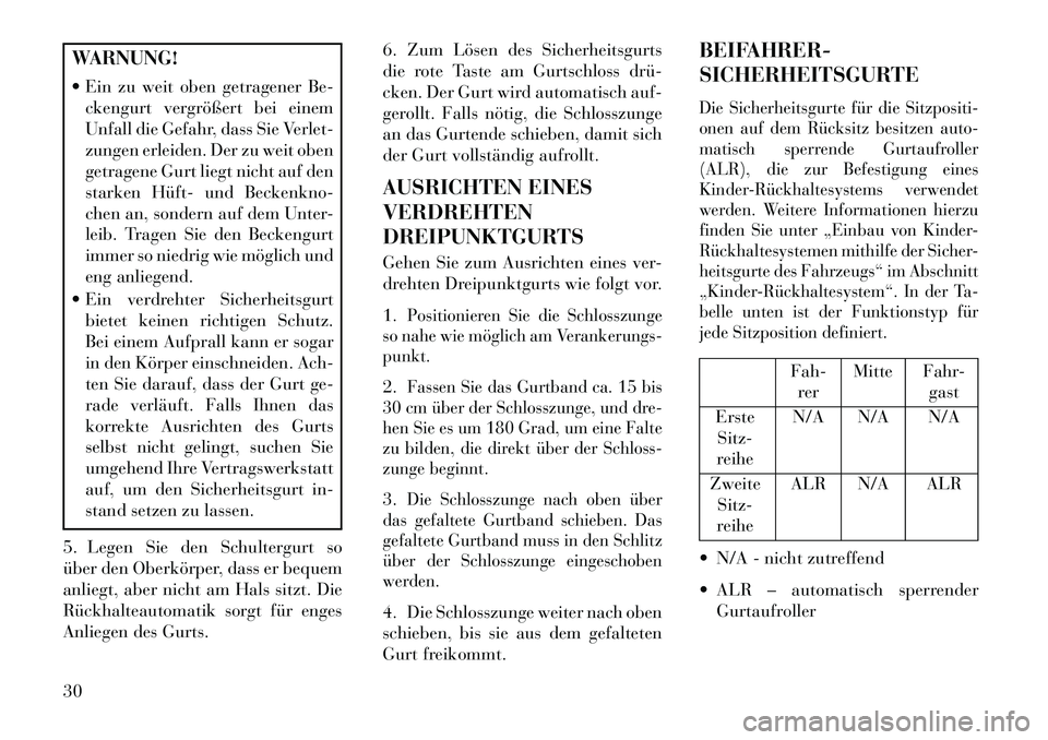 Lancia Flavia 2013 Betriebsanleitung (in German) WARNUNG!
Ein zu weit oben getragener Be-ckengurt vergrößert bei einem
Unfall die Gefahr, dass Sie Verlet-
zungen erleiden. Der zu weit oben
getragene Gurt liegt nicht auf den
starken Hüft und B Lancia Flavia 2013 Betriebsanleitung (in German) WARNUNG!
Ein zu weit oben getragener Be-ckengurt vergrößert bei einem
Unfall die Gefahr, dass Sie Verlet-
zungen erleiden. Der zu weit oben
getragene Gurt liegt nicht auf den
starken Hüft und B