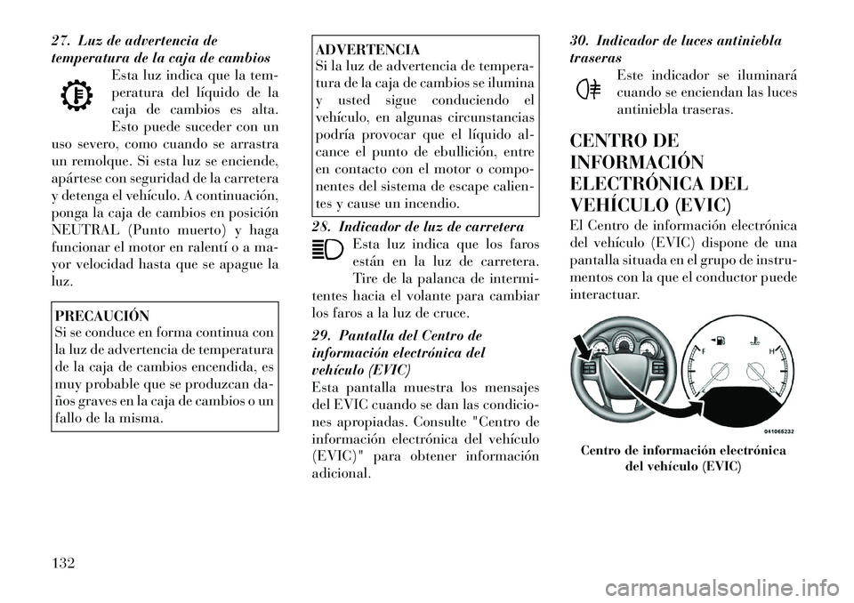 Lancia Flavia 2012  Manual de Empleo y Cuidado (in Spanish) 27. Luz de advertencia de
temperatura de la caja de cambiosEsta luz indica que la tem-
peratura del líquido de la
caja de cambios es alta.
Esto puede suceder con un
uso severo, como cuando se arrastr