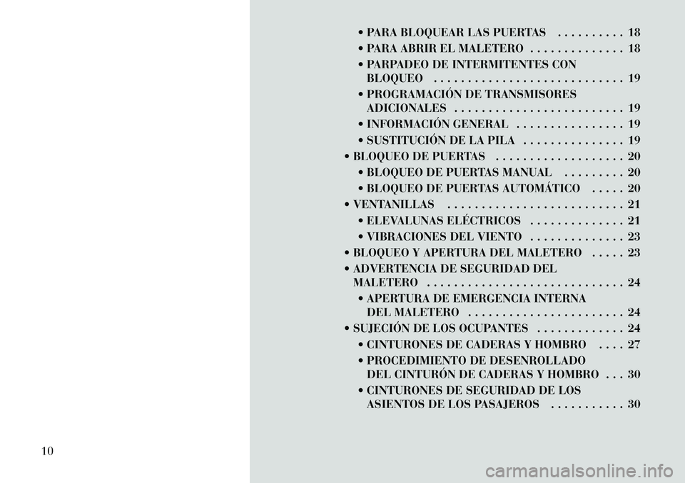 Lancia Flavia 2012 Manual de Empleo y Cuidado (in Spanish) PARA BLOQUEAR LAS PUERTAS . . . . . . . . . . 18
PARA ABRIR EL MALETERO . . . . . . . . . . . . . . 18
PARPADEO DE INTERMITENTES CONBLOQUEO . . . . . . . . . . . . . . . . . . . . . . . . . . . Lancia Flavia 2012 Manual de Empleo y Cuidado (in Spanish) PARA BLOQUEAR LAS PUERTAS . . . . . . . . . . 18
PARA ABRIR EL MALETERO . . . . . . . . . . . . . . 18
PARPADEO DE INTERMITENTES CONBLOQUEO . . . . . . . . . . . . . . . . . . . . . . . . . . .