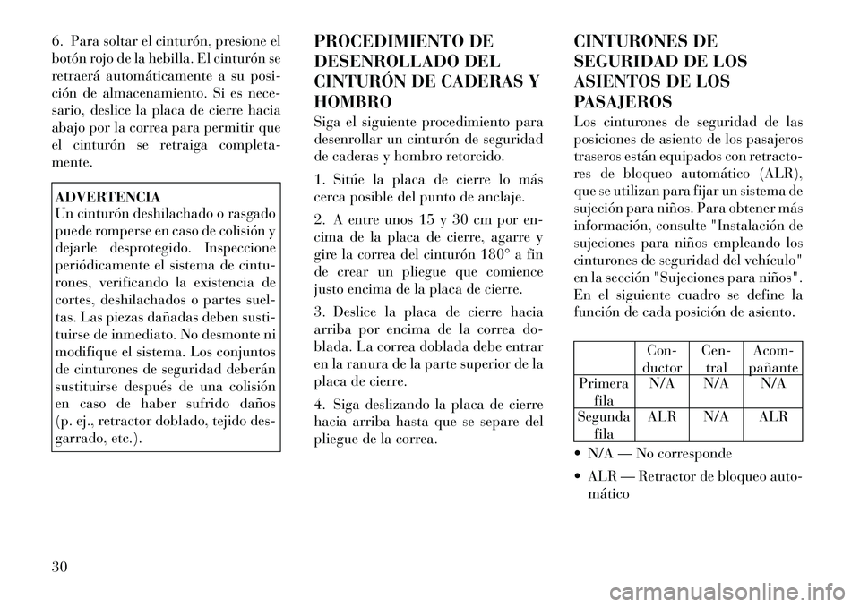 Lancia Flavia 2012 Manual de Empleo y Cuidado (in Spanish) 6. Para soltar el cinturón, presione el
botón rojo de la hebilla. El cinturón se
retraerá automáticamente a su posi-
ción de almacenamiento. Si es nece-
sario, deslice la placa de cierre hacia
a Lancia Flavia 2012 Manual de Empleo y Cuidado (in Spanish) 6. Para soltar el cinturón, presione el
botón rojo de la hebilla. El cinturón se
retraerá automáticamente a su posi-
ción de almacenamiento. Si es nece-
sario, deslice la placa de cierre hacia
a