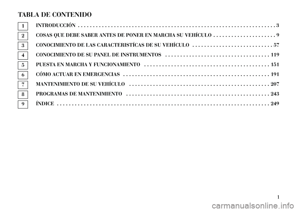 Lancia Flavia 2012  Manual de Empleo y Cuidado (in Spanish) TABLA DE CONTENIDO1INTRODUCCIÓN . . . . . . . . . . . . . . . . . . . . . . . . . . . . . . . . . . . . . . . . . . . . . . . . . . . . . . . . . . . . . . . . . . 32COSAS QUE DEBE SABER ANTES DE PON