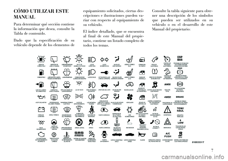 Lancia Flavia 2013 Manual de Empleo y Cuidado (in Spanish) CÓMO UTILIZAR ESTE
MANUAL
Para determinar qué sección contiene
la información que desea, consulte la
Tabla de contenido.
Dado que la especificación de su
vehículo depende de los elementos deequi Lancia Flavia 2013 Manual de Empleo y Cuidado (in Spanish) CÓMO UTILIZAR ESTE
MANUAL
Para determinar qué sección contiene
la información que desea, consulte la
Tabla de contenido.
Dado que la especificación de su
vehículo depende de los elementos deequi