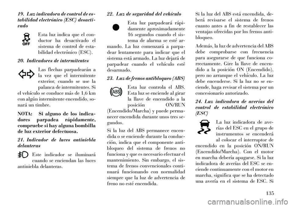 Lancia Flavia 2013  Manual de Empleo y Cuidado (in Spanish) 19. Luz indicadora de control de es-
tabilidad electrónico (ESC) desacti-
vadoEsta luz indica que el con-
ductor ha desactivado el
sistema de control de esta-
bilidad electrónico (ESC).
20. Indicado