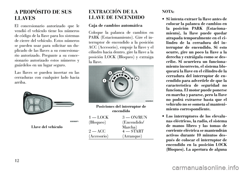 Lancia Flavia 2013 Manual de Empleo y Cuidado (in Spanish) A PROPÓSITO DE SUS
LLAVES
El concesionario autorizado que le
vendió el vehículo tiene los números
de código de la llave para los sistemas
de cierre del vehículo. Estos números
se pueden usar pa Lancia Flavia 2013 Manual de Empleo y Cuidado (in Spanish) A PROPÓSITO DE SUS
LLAVES
El concesionario autorizado que le
vendió el vehículo tiene los números
de código de la llave para los sistemas
de cierre del vehículo. Estos números
se pueden usar pa
