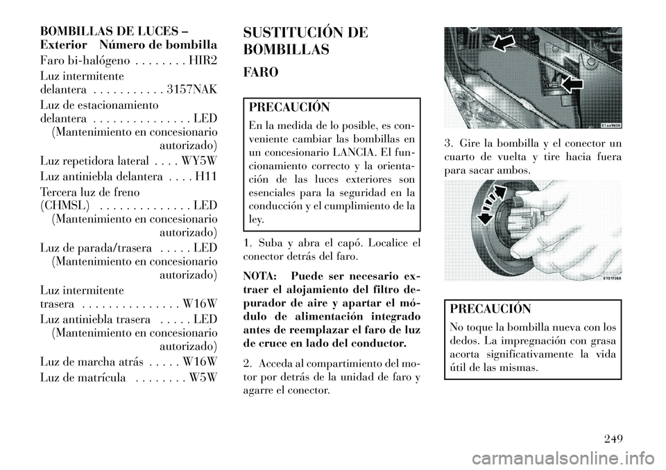 Lancia Flavia 2013 Manual de Empleo y Cuidado (in Spanish) BOMBILLAS DE LUCES –
Exterior Número de bombilla
Faro bihalógeno . . . . . . . . HIR2Luz intermitente
delantera . . . . . . . . . . . 3157NAK
Luz de estacionamiento
delantera . . . . . . . . . . Lancia Flavia 2013 Manual de Empleo y Cuidado (in Spanish) BOMBILLAS DE LUCES –
Exterior Número de bombilla
Faro bihalógeno . . . . . . . . HIR2Luz intermitente
delantera . . . . . . . . . . . 3157NAK
Luz de estacionamiento
delantera . . . . . . . . . .