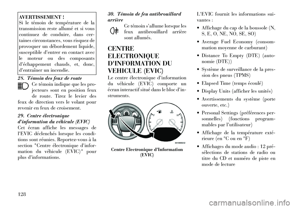 Lancia Flavia 2012 Notice dentretien (in French) AVERTISSEMENT !
Si le témoin de température de la
transmission reste allumé et si vous
continuez de conduire, dans cer-
taines circonstances, vous risquez de
provoquer un débordement liquide,
susc Lancia Flavia 2012 Notice dentretien (in French) AVERTISSEMENT !
Si le témoin de température de la
transmission reste allumé et si vous
continuez de conduire, dans cer-
taines circonstances, vous risquez de
provoquer un débordement liquide,
susc