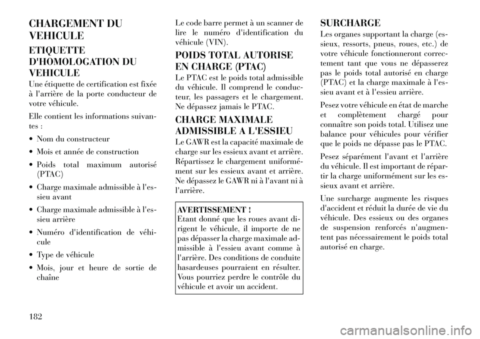 Lancia Flavia 2012 Notice dentretien (in French) CHARGEMENT DU
VEHICULE
ETIQUETTE
DHOMOLOGATION DU
VEHICULE
Une étiquette de certification est fixée
à larrière de la porte conducteur de
votre véhicule.
Elle contient les informations suivan-
t Lancia Flavia 2012 Notice dentretien (in French) CHARGEMENT DU
VEHICULE
ETIQUETTE
DHOMOLOGATION DU
VEHICULE
Une étiquette de certification est fixée
à larrière de la porte conducteur de
votre véhicule.
Elle contient les informations suivan-
t
