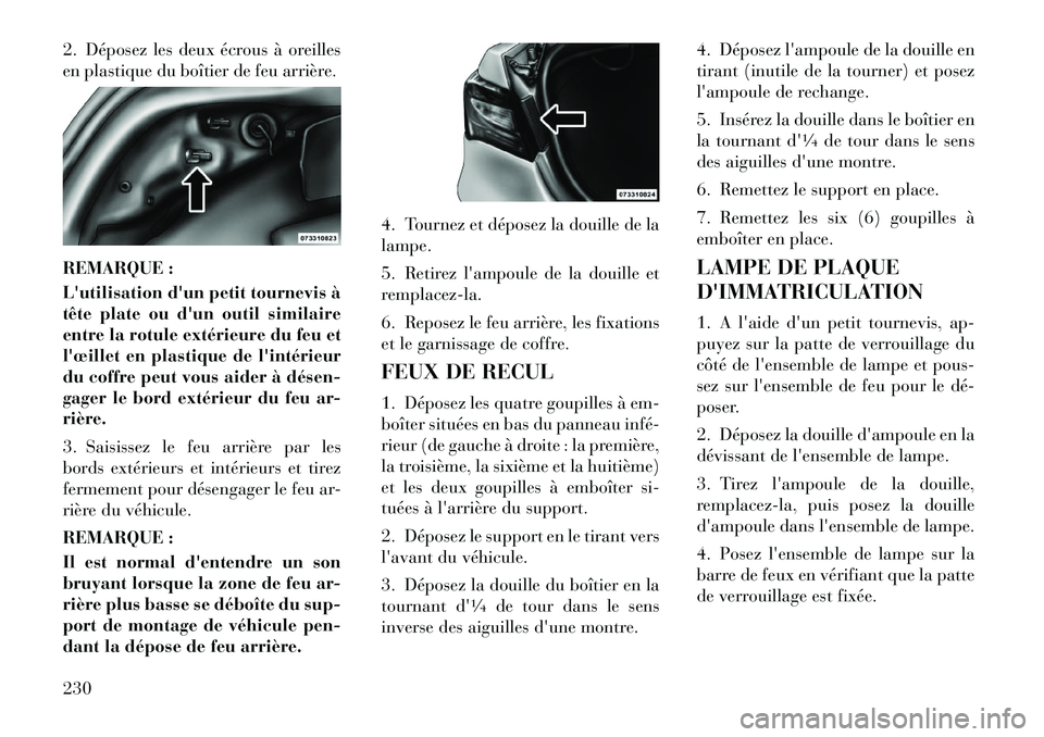 Lancia Flavia 2012  Notice dentretien (in French) 2. Déposez les deux écrous à oreilles
en plastique du boîtier de feu arrière.
REMARQUE :
Lutilisation dun petit tournevis à
tête plate ou dun outil similaire
entre la rotule extérieure du f