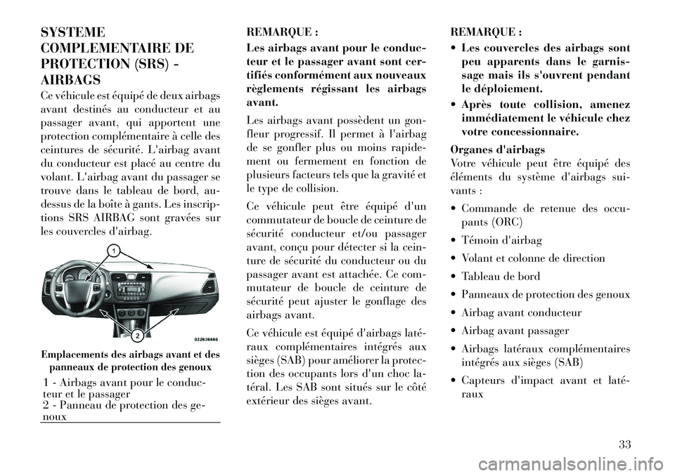 Lancia Flavia 2012  Notice dentretien (in French) SYSTEME
COMPLEMENTAIRE DE
PROTECTION (SRS) -
AIRBAGS
Ce véhicule est équipé de deux airbags
avant destinés au conducteur et au
passager avant, qui apportent une
protection complémentaire à celle