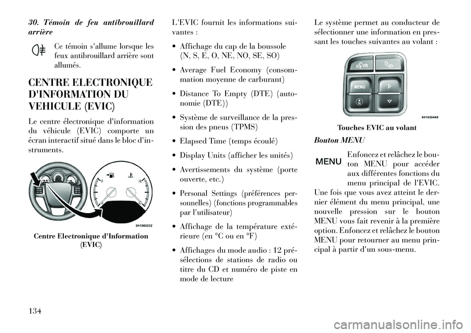 Lancia Flavia 2013 Notice dentretien (in French) 30. Témoin de feu antibrouillard
arrière
Ce témoin sallume lorsque les
feux antibrouillard arrière sont
allumés.
CENTRE ELECTRONIQUE
DINFORMATION DU
VEHICULE (EVIC)Le centre électronique dinf Lancia Flavia 2013 Notice dentretien (in French) 30. Témoin de feu antibrouillard
arrière
Ce témoin sallume lorsque les
feux antibrouillard arrière sont
allumés.
CENTRE ELECTRONIQUE
DINFORMATION DU
VEHICULE (EVIC)Le centre électronique dinf