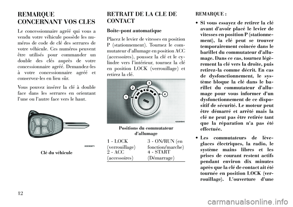 Lancia Flavia 2013 Notice dentretien (in French) REMARQUE
CONCERNANT VOS CLES
Le concessionnaire agréé qui vous a
vendu votre véhicule possède les nu-
méros de code de clé des serrures de
votre véhicule. Ces numéros peuvent
être utilisés p Lancia Flavia 2013 Notice dentretien (in French) REMARQUE
CONCERNANT VOS CLES
Le concessionnaire agréé qui vous a
vendu votre véhicule possède les nu-
méros de code de clé des serrures de
votre véhicule. Ces numéros peuvent
être utilisés p