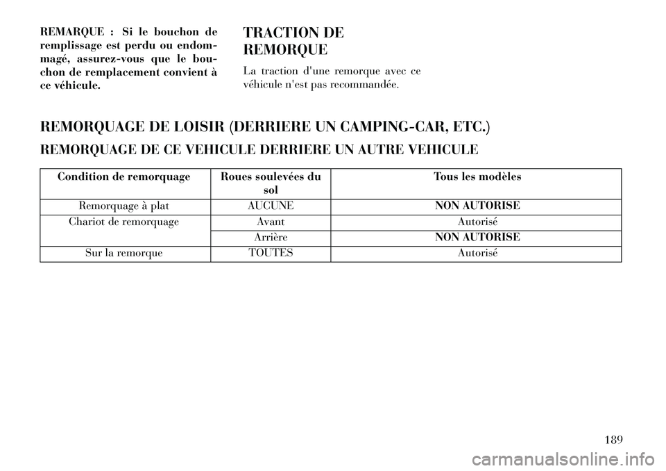 Lancia Flavia 2013  Notice dentretien (in French) REMARQUE : Si le bouchon de
remplissage est perdu ou endom-
magé, assurez-vous que le bou-
chon de remplacement convient à
ce véhicule.TRACTION DE
REMORQUE
La traction dune remorque avec ce
véhic