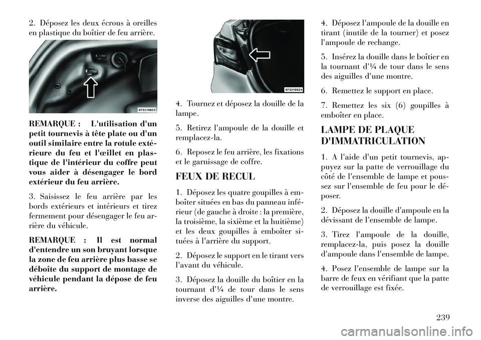 Lancia Flavia 2013  Notice dentretien (in French) 2. Déposez les deux écrous à oreilles
en plastique du boîtier de feu arrière.
REMARQUE : Lutilisation dun
petit tournevis à tête plate ou dun
outil similaire entre la rotule exté­
rieure d