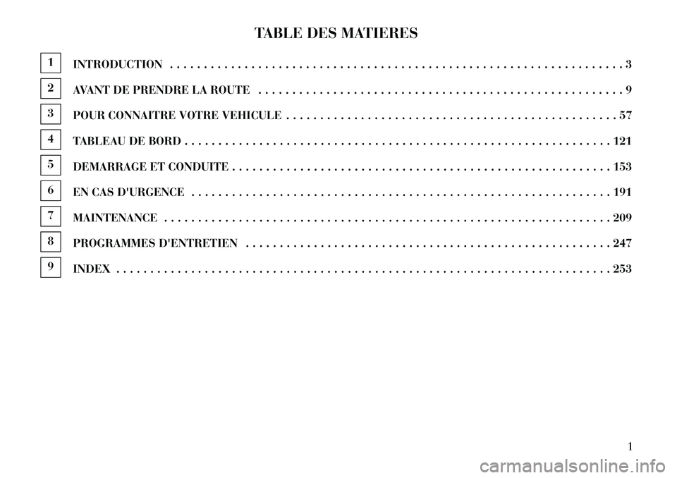 Lancia Flavia 2013  Notice dentretien (in French) TABLE DES MATIERES
1INTRODUCTION . . . . . . . . . . . . . . . . . . . . . . . . . . . . . . . . . . . . . . . . . . . . . . . . . . . . . . . . . . . . . . . . . . . 32AVANT DE PRENDRE LA ROUTE . . .