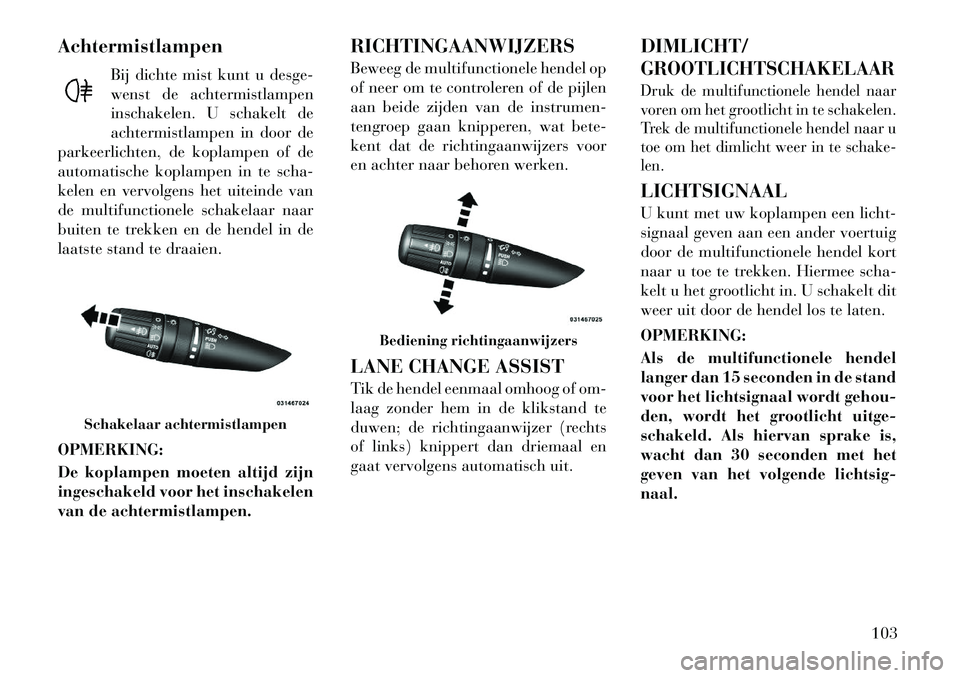 Lancia Flavia 2012  Instructieboek (in Dutch) AchtermistlampenBij dichte mist kunt u desge-
wenst de achtermistlampen
inschakelen. U schakelt de
achtermistlampen in door de
parkeerlichten, de koplampen of de
automatische koplampen in te scha-
kel