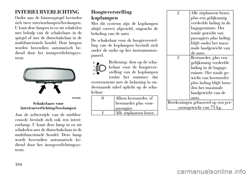 Lancia Flavia 2012  Instructieboek (in Dutch) INTERIEURVERLICHTINGOnder aan de binnenspiegel bevinden
zich twee interieurlampen/leeslampen.
U kunt deze lampen in en uit schakelen
met behulp van de schakelaars in de
spiegel of met de dimschakelaar