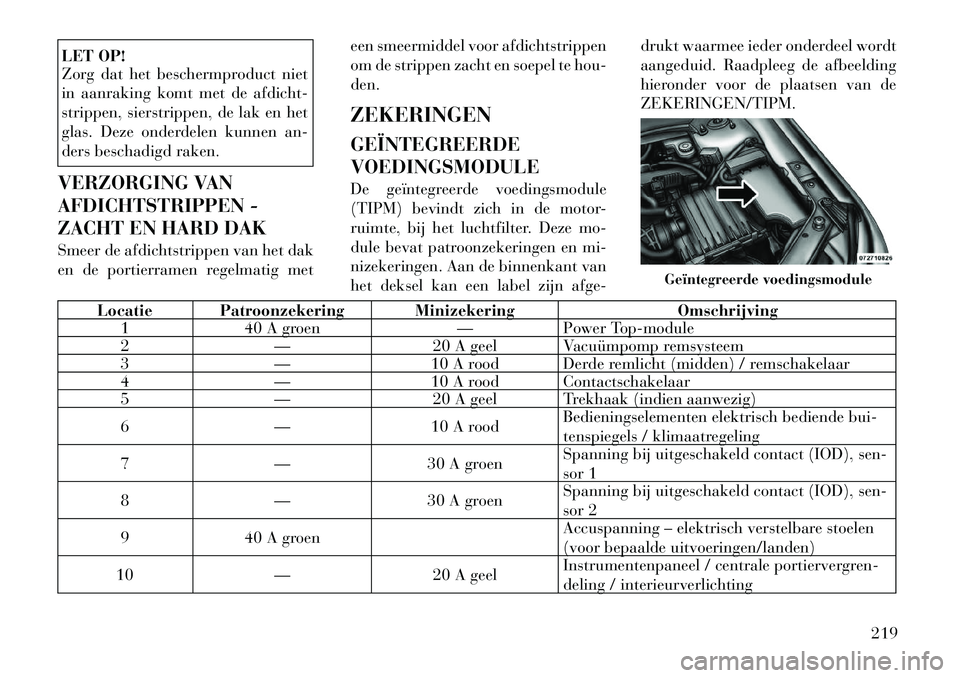 Lancia Flavia 2012 Instructieboek (in Dutch) LET OP!
Zorg dat het beschermproduct niet
in aanraking komt met de afdicht-
strippen, sierstrippen, de lak en het
glas. Deze onderdelen kunnen an-
ders beschadigd raken.
VERZORGING VAN
AFDICHTSTRIPPEN Lancia Flavia 2012 Instructieboek (in Dutch) LET OP!
Zorg dat het beschermproduct niet
in aanraking komt met de afdicht-
strippen, sierstrippen, de lak en het
glas. Deze onderdelen kunnen an-
ders beschadigd raken.
VERZORGING VAN
AFDICHTSTRIPPEN
