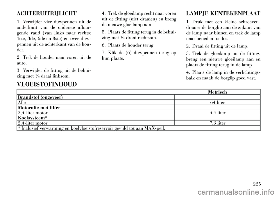 Lancia Flavia 2012 Instructieboek (in Dutch) ACHTERUITRIJLICHT
1. Verwijder vier duwpennen uit de
onderkant van de onderste afhan-
gende rand (van links naar rechts:
1ste, 3de, 6de en 8ste) en twee duw-
pennen uit de achterkant van de hou-
der.
Lancia Flavia 2012 Instructieboek (in Dutch) ACHTERUITRIJLICHT
1. Verwijder vier duwpennen uit de
onderkant van de onderste afhan-
gende rand (van links naar rechts:
1ste, 3de, 6de en 8ste) en twee duw-
pennen uit de achterkant van de hou-
der.