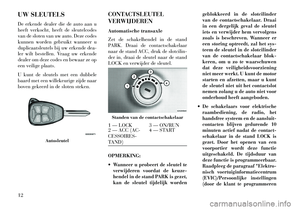 Lancia Flavia 2013  Instructieboek (in Dutch) UW SLEUTELS
De erkende dealer die de auto aan u
heeft verkocht, heeft de sleutelcodes
van de sloten van uw auto. Deze codes
kunnen worden gebruikt wanneer u
duplicaatsleutels bij uw erkende dea-
ler w