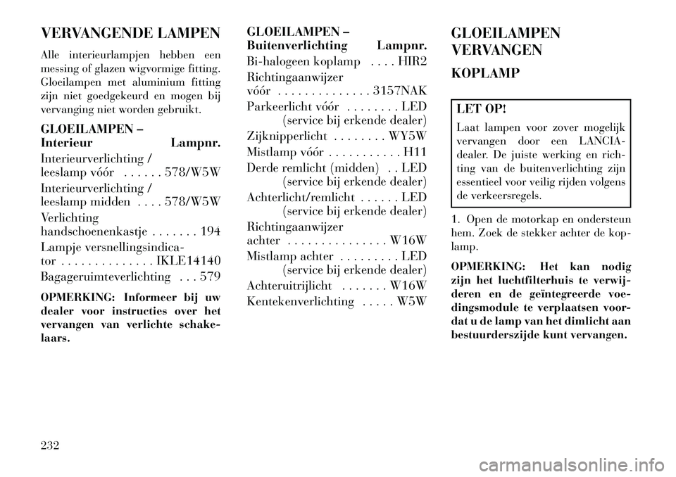 Lancia Flavia 2013 Instructieboek (in Dutch) VERVANGENDE LAMPEN
Alle interieurlampjen hebben een
messing of glazen wigvormige fitting.
Gloeilampen met aluminium fitting
zijn niet goedgekeurd en mogen bij
vervanging niet worden gebruikt.
GLOEILAM Lancia Flavia 2013 Instructieboek (in Dutch) VERVANGENDE LAMPEN
Alle interieurlampjen hebben een
messing of glazen wigvormige fitting.
Gloeilampen met aluminium fitting
zijn niet goedgekeurd en mogen bij
vervanging niet worden gebruikt.
GLOEILAM
