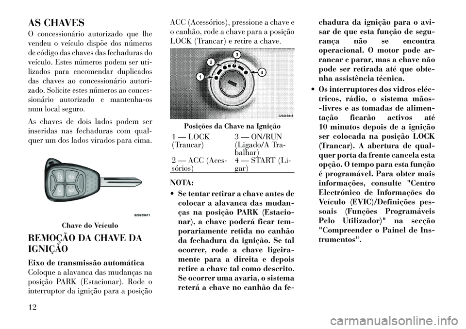 Lancia Flavia 2012 Manual de Uso e Manutenção (in Portuguese) AS CHAVESO concessionário autorizado que lhe
vendeu o veículo dispõe dos números
de código das chaves das fechaduras do
veículo. Estes números podem ser uti-
lizados para encomendar duplicados
Lancia Flavia 2012 Manual de Uso e Manutenção (in Portuguese) AS CHAVESO concessionário autorizado que lhe
vendeu o veículo dispõe dos números
de código das chaves das fechaduras do
veículo. Estes números podem ser uti-
lizados para encomendar duplicados
