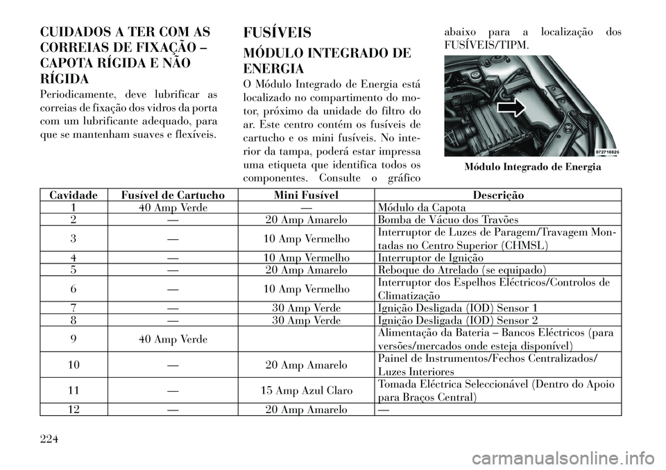 Lancia Flavia 2012  Manual de Uso e Manutenção (in Portuguese) CUIDADOS A TER COM AS
CORREIAS DE FIXAÇÃO –
CAPOTA RÍGIDA E NÃO
RÍGIDA
Periodicamente, deve lubrificar as
correias de fixação dos vidros da porta
com um lubrificante adequado, para
que se man
