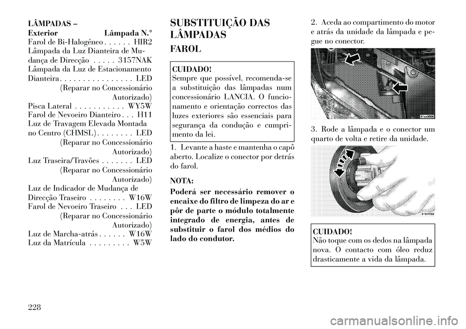 Lancia Flavia 2012  Manual de Uso e Manutenção (in Portuguese) LÂMPADAS –
Exterior Lâmpada N.°
Farol de Bi­Halogéneo . . . . . . HIR2
Lâmpada da Luz Dianteira de Mu-
dança de Direcção . . . . . 3157NAK
Lâmpada da Luz de Estacionamento
Dianteira . . . 