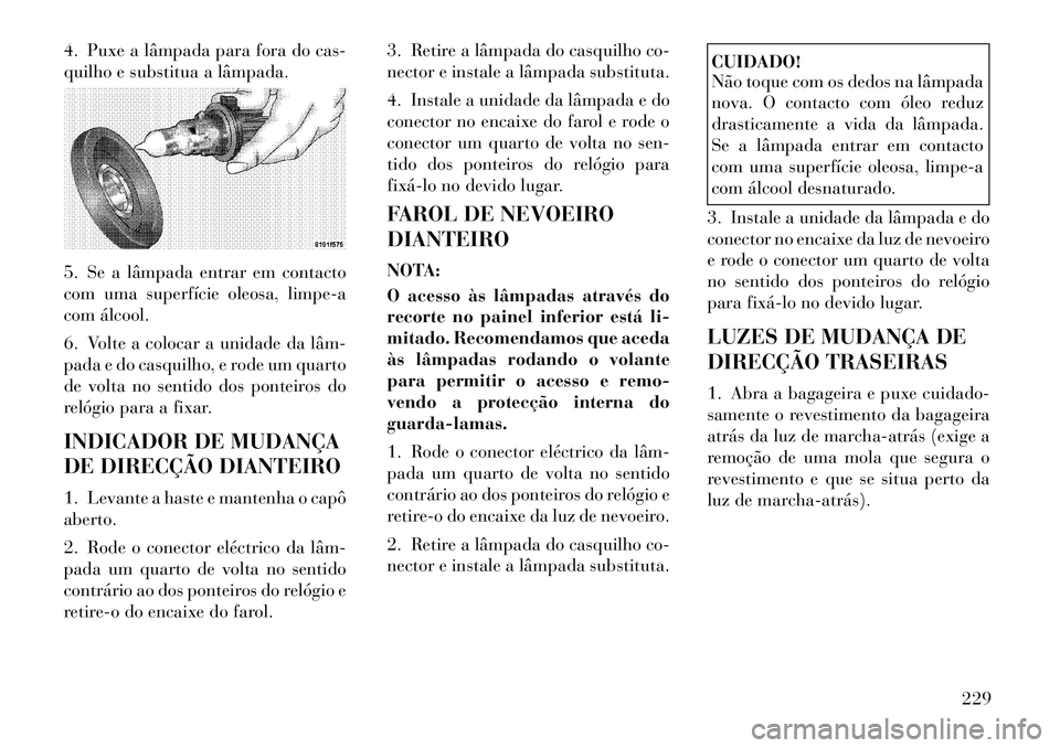 Lancia Flavia 2012  Manual de Uso e Manutenção (in Portuguese) 4. Puxe a lâmpada para fora do cas-
quilho e substitua a lâmpada.
5. Se a lâmpada entrar em contacto
com uma superfície oleosa, limpe-a
com álcool.
6. Volte a colocar a unidade da lâm­
pada e d