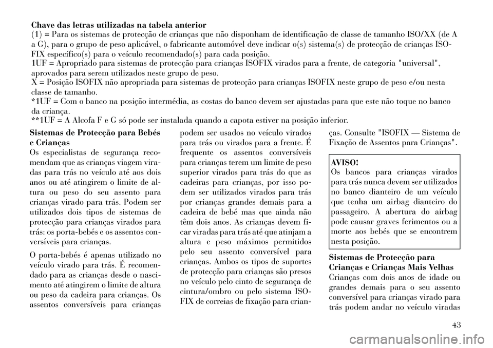 Lancia Flavia 2012  Manual de Uso e Manutenção (in Portuguese) Chave das letras utilizadas na tabela anterior
(1) = Para os sistemas de protecção de crianças que não disponham de identificação de classe de tamanho ISO/XX (de A
a G), para o grupo de peso apl