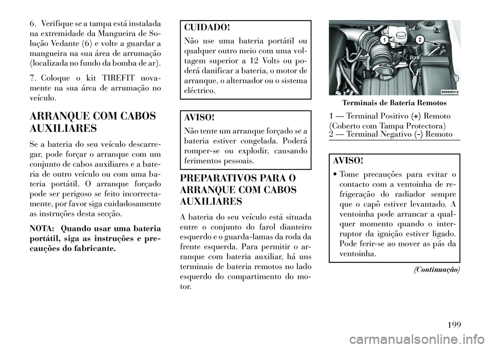 Lancia Flavia 2013  Manual de Uso e Manutenção (in Portuguese) 6. Verifique se a tampa está instalada
na extremidade da Mangueira de So-
lução Vedante (6) e volte a guardar a
mangueira na sua área de arrumação
(localizada no fundo da bomba de ar).
7. Coloqu