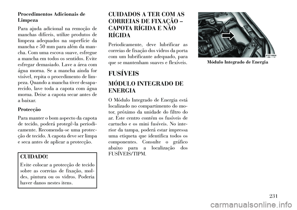 Lancia Flavia 2013 Manual de Uso e Manutenção (in Portuguese) Procedimentos Adicionais de
Limpeza
Para ajuda adicional na remoção de
manchas difíceis, utilize produtos de
limpeza adequados na superfície da
mancha e 50 mm para além da man-
cha. Com uma escov Lancia Flavia 2013 Manual de Uso e Manutenção (in Portuguese) Procedimentos Adicionais de
Limpeza
Para ajuda adicional na remoção de
manchas difíceis, utilize produtos de
limpeza adequados na superfície da
mancha e 50 mm para além da man-
cha. Com uma escov