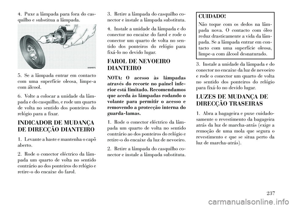 Lancia Flavia 2013 Manual de Uso e Manutenção (in Portuguese) 4. Puxe a lâmpada para fora do cas-
quilho e substitua a lâmpada.
5. Se a lâmpada entrar em contacto
com uma superfície oleosa, limpe-a
com álcool.
6. Volte a colocar a unidade da lâm
pada e d Lancia Flavia 2013 Manual de Uso e Manutenção (in Portuguese) 4. Puxe a lâmpada para fora do cas-
quilho e substitua a lâmpada.
5. Se a lâmpada entrar em contacto
com uma superfície oleosa, limpe-a
com álcool.
6. Volte a colocar a unidade da lâm
pada e d