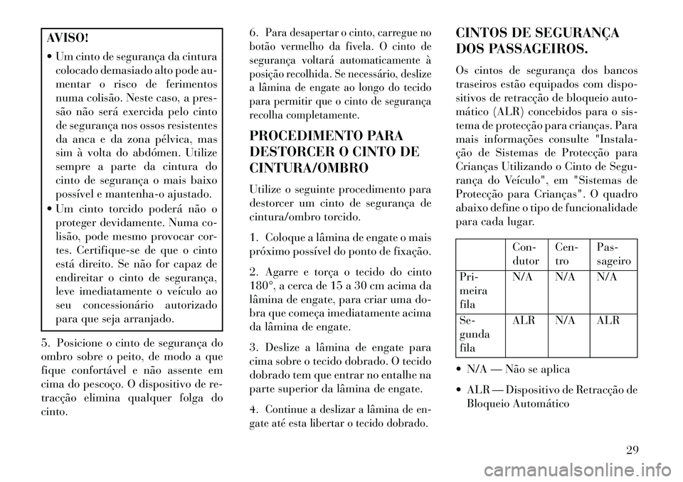 Lancia Flavia 2013  Manual de Uso e Manutenção (in Portuguese) AVISO!
 Um cinto de segurança da cinturacolocado demasiado alto pode au-
mentar o risco de ferimentos
numa colisão. Neste caso, a pres-
são não será exercida pelo cinto
de segurança nos ossos r