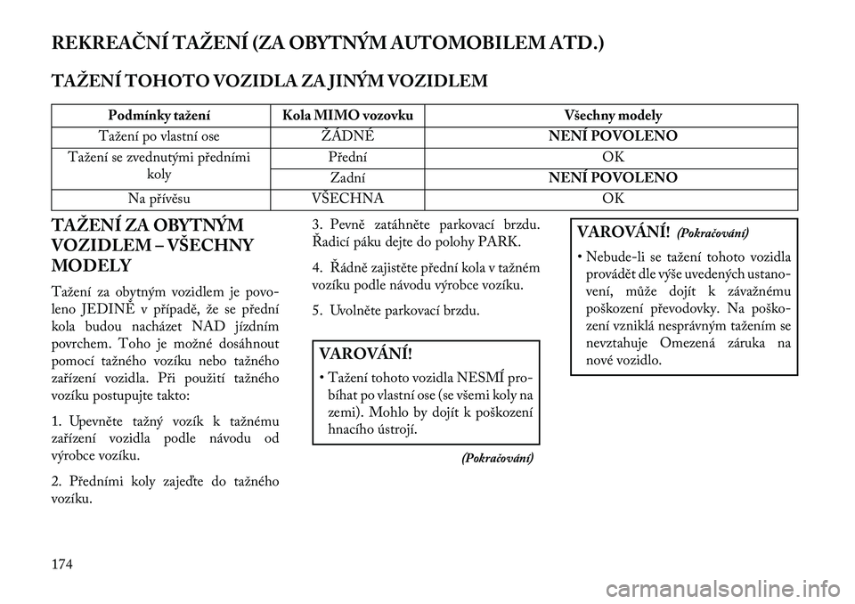 Lancia Flavia 2013  Návod k použití a údržbě (in Czech) REKREAČNÍ TAŽENÍ (ZA OBYTNÝM AUTOMOBILEM ATD.)
TAŽENÍ TOHOTO VOZIDLA ZA JINÝM VOZIDLEM
Podmínky taženíKola MIMO vozovku Všechny modely
Tažení po vlastní ose ŽÁDNÉ NENÍ POVOLENO
Taž