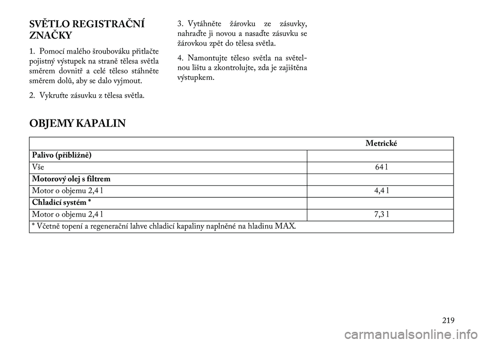 Lancia Flavia 2013 Návod k použití a údržbě (in Czech) SV\fTLO REGISTRAČNÍ
ZNAČKY
1. Pomocí malého šroubováku přitlačte
pojistný výstupek na straně tělesa světla
směrem dovnitř a celé těleso stáhněte
směrem dolů, aby se dalo vyjmout. Lancia Flavia 2013 Návod k použití a údržbě (in Czech) SV\fTLO REGISTRAČNÍ
ZNAČKY
1. Pomocí malého šroubováku přitlačte
pojistný výstupek na straně tělesa světla
směrem dovnitř a celé těleso stáhněte
směrem dolů, aby se dalo vyjmout.