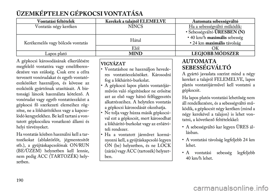 Lancia Flavia 2012 Kezelési és karbantartási útmutató (in Hungarian) ÜZEMKÉPTELEN GÉPKOCSI VONTATÁSA
Vontatási feltételekKerekek a talajtól ELEMELVE Automata sebességváltó
Vontatás négy keréken NINCSHa a sebességváltóműködik:
• SebességváltóÜRES Lancia Flavia 2012 Kezelési és karbantartási útmutató (in Hungarian) ÜZEMKÉPTELEN GÉPKOCSI VONTATÁSA
Vontatási feltételekKerekek a talajtól ELEMELVE Automata sebességváltó
Vontatás négy keréken NINCSHa a sebességváltóműködik:
• SebességváltóÜRES