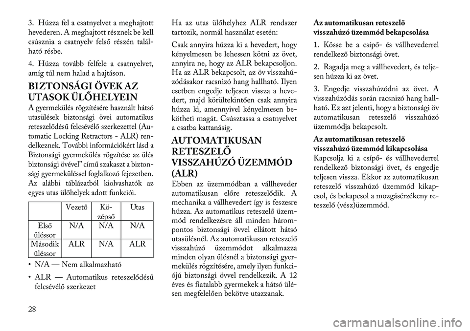 Lancia Flavia 2012  Kezelési és karbantartási útmutató (in Hungarian) 3. Húzza fel a csatnyelvet a meghajtott
hevederen. A meghajtott résznek be kell
csúsznia a csatnyelv felső részén talál