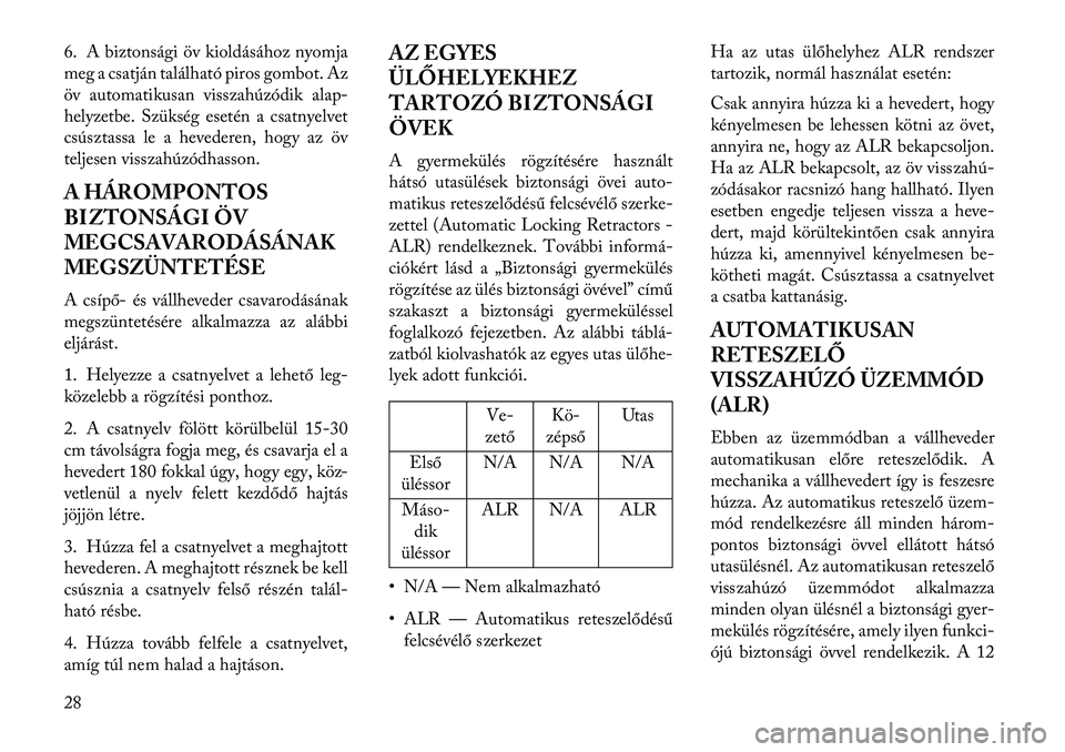 Lancia Flavia 2013  Kezelési és karbantartási útmutató (in Hungarian) 6. A biztonsági öv kioldásához nyomja
meg a csatján található piros gombot. Az
öv automatikusan visszahúzódik alap-
helyzetbe. Szükség esetén a csatnyelvet
csúsztassa le a hevederen, hog