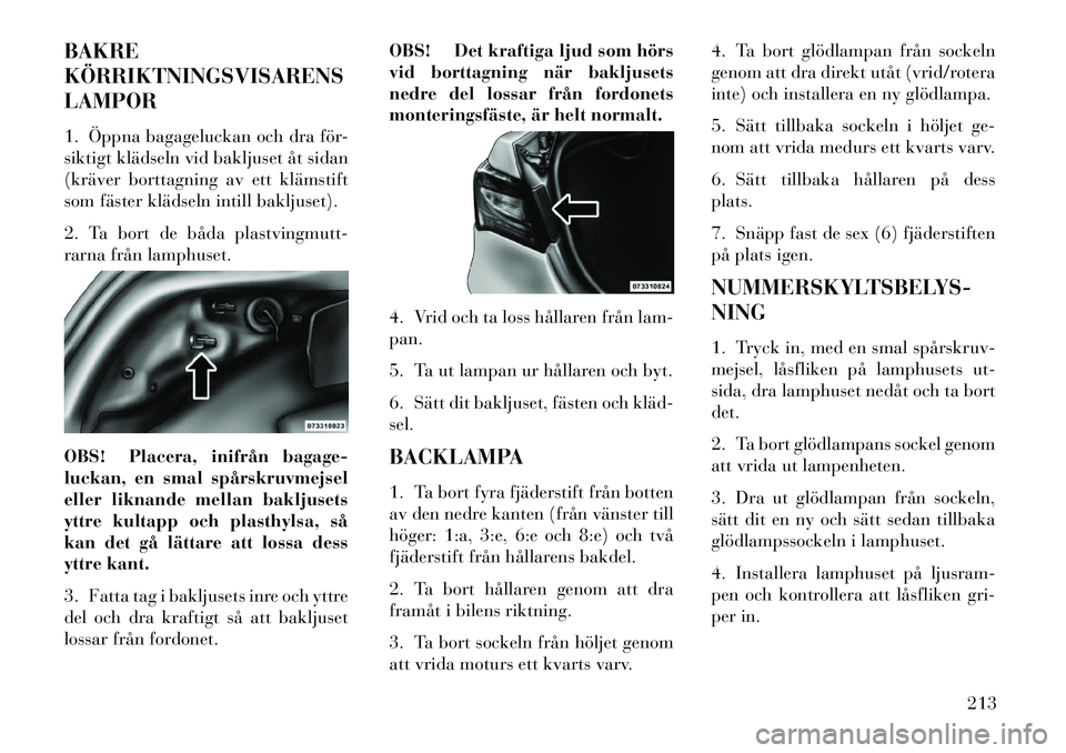 Lancia Flavia 2012  Drift- och underhållshandbok (in Swedish) BAKRE
KÖRRIKTNINGSVISARENS
LAMPOR
1. Öppna bagageluckan och dra för-
siktigt klädseln vid bakljuset åt sidan
(kräver borttagning av ett klämstift
som fäster klädseln intill bakljuset).
2. Ta 