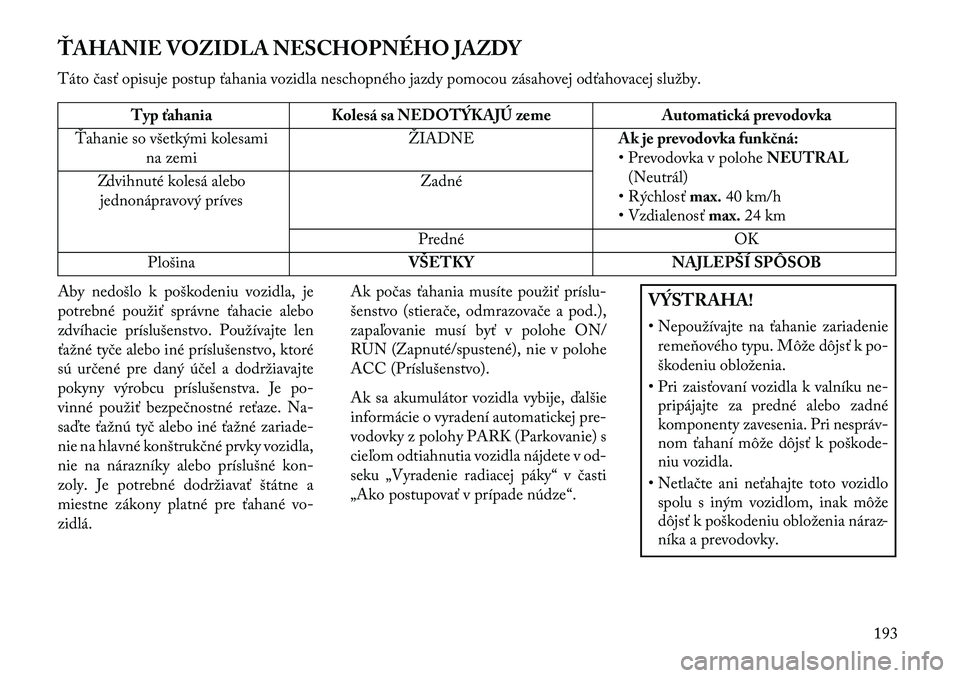 Lancia Flavia 2013 Návod na použitie a údržbu (in Slovak) ŤAHANIE VOZIDLA NESCHOPNÉHO JAZDY
Táto časť opisuje postup ťahania vozidla neschopného jazdy pomocou zásahovej odťahovacej služby.
Typ ťahaniaKolesá sa NEDOTÝKAJÚ zeme Automatická prevo Lancia Flavia 2013 Návod na použitie a údržbu (in Slovak) ŤAHANIE VOZIDLA NESCHOPNÉHO JAZDY
Táto časť opisuje postup ťahania vozidla neschopného jazdy pomocou zásahovej odťahovacej služby.
Typ ťahaniaKolesá sa NEDOTÝKAJÚ zeme Automatická prevo