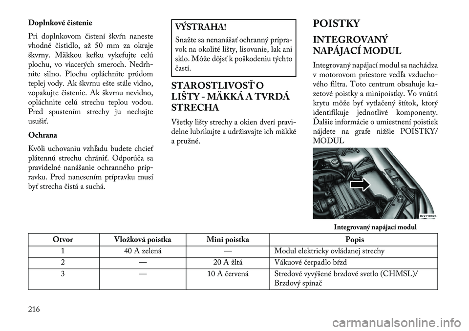 Lancia Flavia 2013 Návod na použitie a údržbu (in Slovak) Doplnkové čistenie
Pri doplnkovom čistení škvŕn naneste
vhodné čistidlo, až 50 mm za okraje
škvrny. Mäkkou kefku vykefujte celú
plochu, vo viacerých smeroch. Nedrh-
nite silno. Plochu opl Lancia Flavia 2013 Návod na použitie a údržbu (in Slovak) Doplnkové čistenie
Pri doplnkovom čistení škvŕn naneste
vhodné čistidlo, až 50 mm za okraje
škvrny. Mäkkou kefku vykefujte celú
plochu, vo viacerých smeroch. Nedrh-
nite silno. Plochu opl