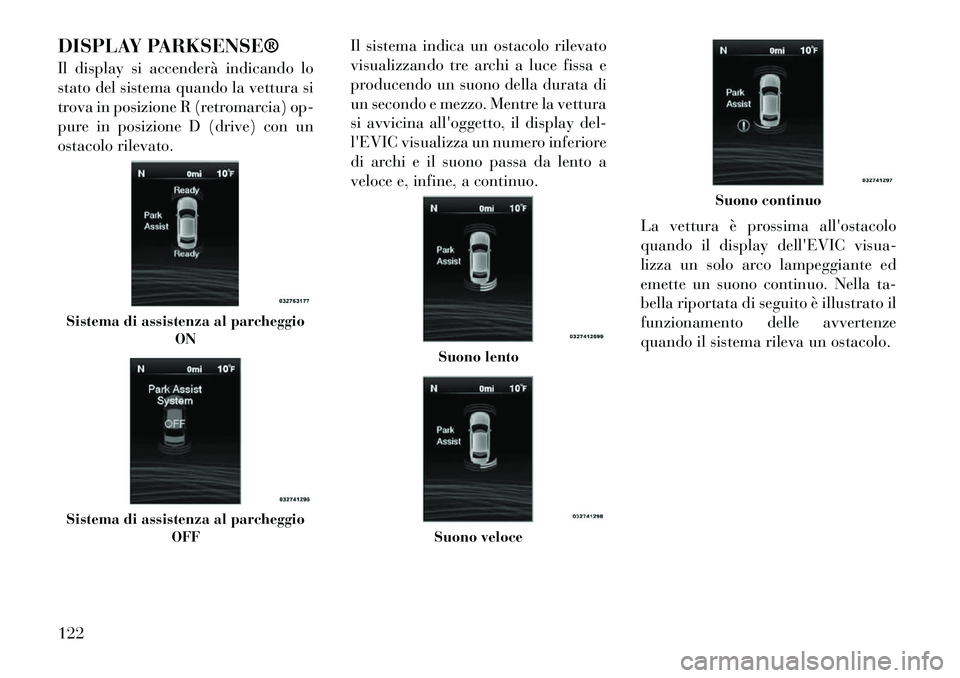 Lancia Thema 2011 Libretto Uso Manutenzione (in Italian) DISPLAY PARKSENSE®
Il display si accenderà indicando lo
stato del sistema quando la vettura si
trova in posizione R (retromarcia) op-
pure in posizione D (drive) con un
ostacolo rilevato.Il sistem Lancia Thema 2011 Libretto Uso Manutenzione (in Italian) DISPLAY PARKSENSE®
Il display si accenderà indicando lo
stato del sistema quando la vettura si
trova in posizione R (retromarcia) op-
pure in posizione D (drive) con un
ostacolo rilevato.Il sistem