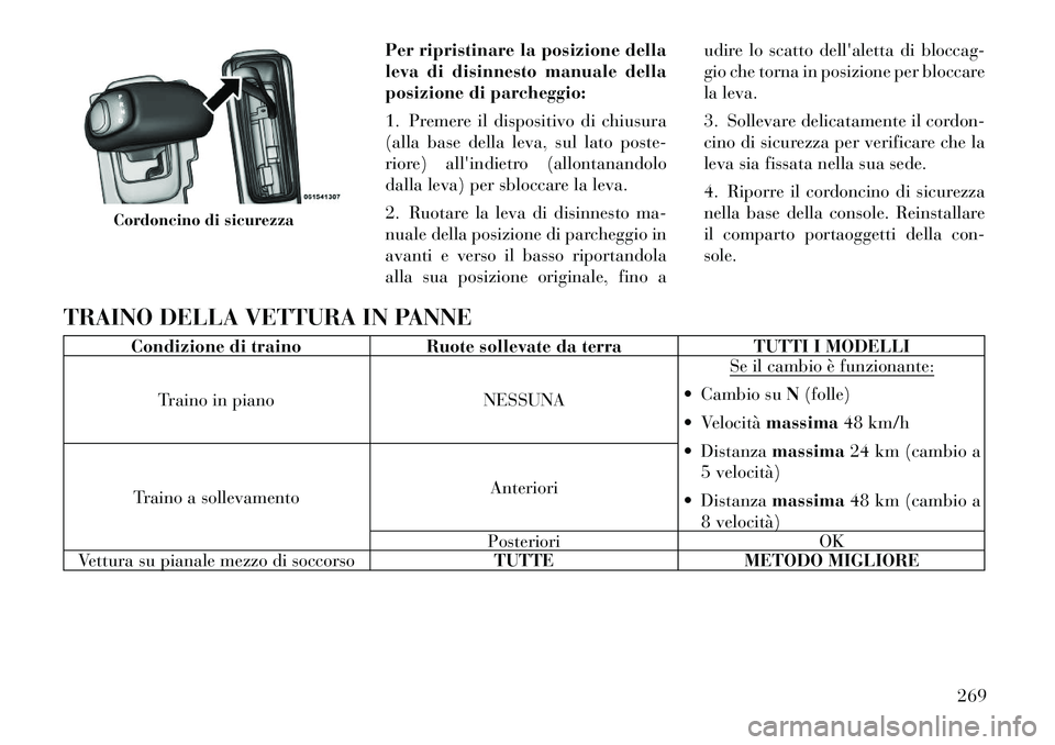 Lancia Thema 2011 Libretto Uso Manutenzione (in Italian) Per ripristinare la posizione della
leva di disinnesto manuale della
posizione di parcheggio:
1. Premere il dispositivo di chiusura
(alla base della leva, sul lato poste-
riore) allindietro (allon Lancia Thema 2011 Libretto Uso Manutenzione (in Italian) Per ripristinare la posizione della
leva di disinnesto manuale della
posizione di parcheggio:
1. Premere il dispositivo di chiusura
(alla base della leva, sul lato poste-
riore) allindietro (allon