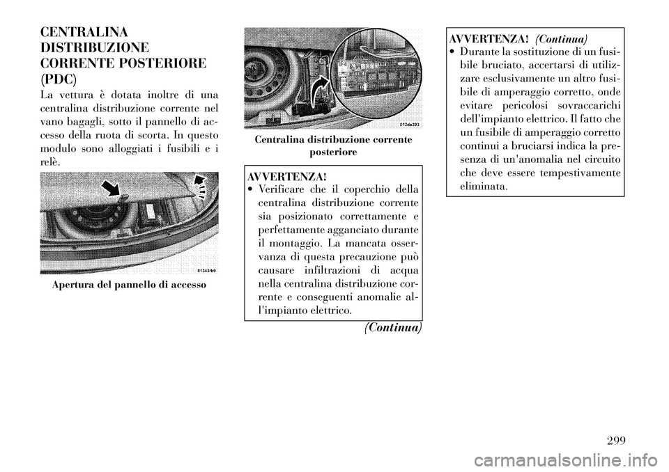 Lancia Thema 2011  Libretto Uso Manutenzione (in Italian) CENTRALINA DISTRIBUZIONE
CORRENTE POSTERIORE(PDC) 
La vettura è dotata inoltre di una 
centralina distribuzione corrente nel
vano bagagli, sotto il pannello di ac-
cesso della ruota di scorta. In que