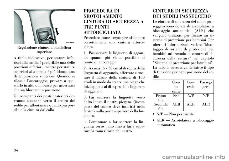 Lancia Thema 2011  Libretto Uso Manutenzione (in Italian) A titolo indicativo, per stature infe- 
riori alla media è preferibile una delle
posizioni inferiori, mentre per stature
superiori alla media è più idonea una
delle posizioni superiori. Quando si
r