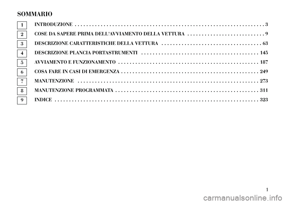 Lancia Thema 2012  Libretto Uso Manutenzione (in Italian) SOMMARIO1INTRODUZIONE . . . . . . . . . . . . . . . . . . . . . . . . . . . . . . . . . . . . . . . . . . . . . . . . . .
. . . . . . . . . . . . . . . . 32COSE DA SAPERE PRIMA DELLAVVIAMENTO DELLA V